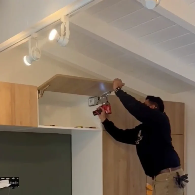 Storage cabinet installation with Beachwood doors